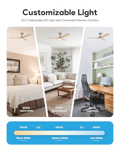VONLUCE 52-Inch Natural Wood & Nickel Ceiling Fan with Lights, Remote