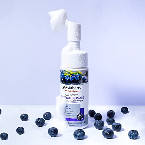 Acai Berry Foaming Face Wash Daily Facial Cleanser | Hyaluronic Acid, Silicon Exfoliating Scrub Brush | Anti Aging, Hydrating, Acne, Dark Spot Control for Sensitive Dry Oily Skin
