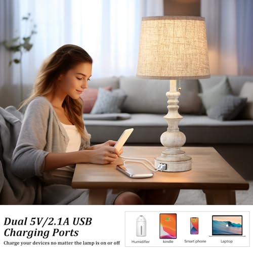 22-Inch White Farmhouse Table Lamps Set of 2 with USB Charging Ports - Nightstand Side Lamps for Bedroom & Living Room