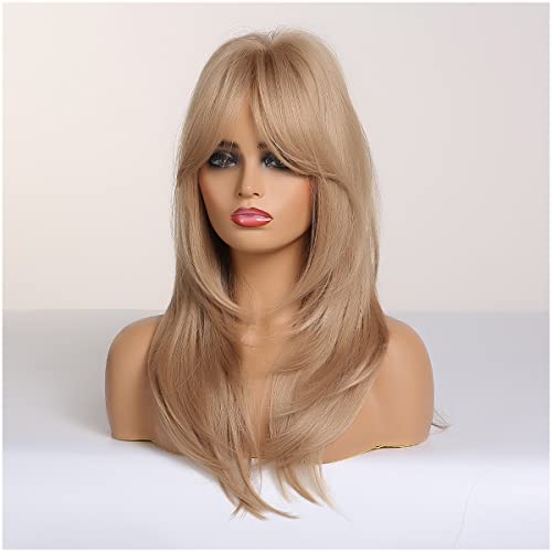 Long Strawberry Blonde Wig for Women & Girls - 23 Inch Layered Cosplay Hair with Bangs - Heat Resistant Synthetic Fiber