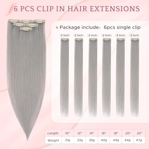 SEGO 12 Inch Clip-In Human Hair Extensions - Silver Grey Remy Straight Natural Hair, 6 Pcs