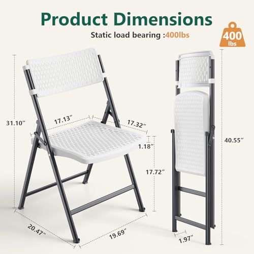 White Folding Chairs 4-Pack - Mesh Plastic & Metal Frame, Indoor Outdoor, Easy Storage