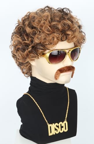 Disco 70s 80s Afro Wig Set with Glasses Necklace - Blonde & Brown Variations