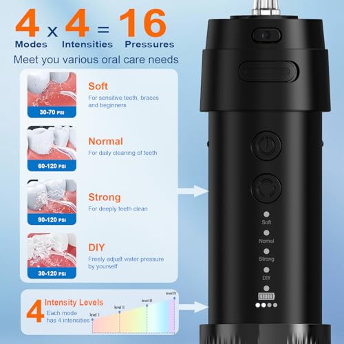 Portable Water Flosser for Teeth - Black, 4 Modes & 4 Intensity Levels, Travel Case, Removable Tank, IPX7 Waterproof, Cordless Dental Irrigator