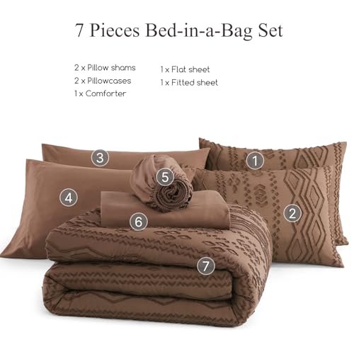 King Size Brown Tufted Boho Comforter Set - 7 Pieces, Farmhouse Style