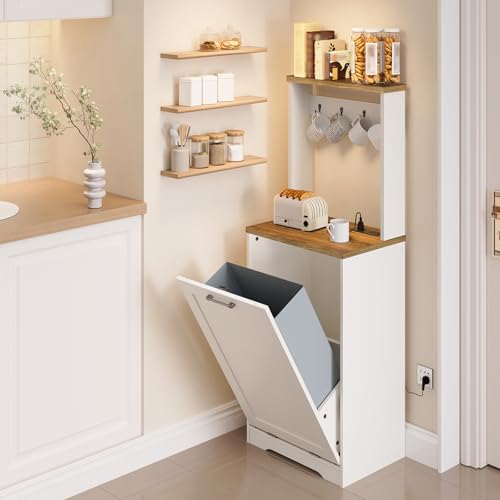 YATINEY White 10 Gallon Tilt-Out Trash Can Cabinet with Charging Station