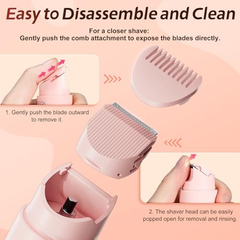 2 in1 Bikini Trimmer for Women, Dual-Head Electric Razor & Painless Hair Removal - Waterproof Cordless Lady Shaver for Body, Face Underarm, Intimate Areas, Facial Bikini Shaver (Pink)