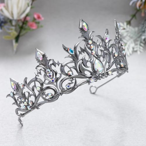 Dark Queen Gunmetal AB Crystal Tiara Crown for Women - Gothic Royal Headpiece