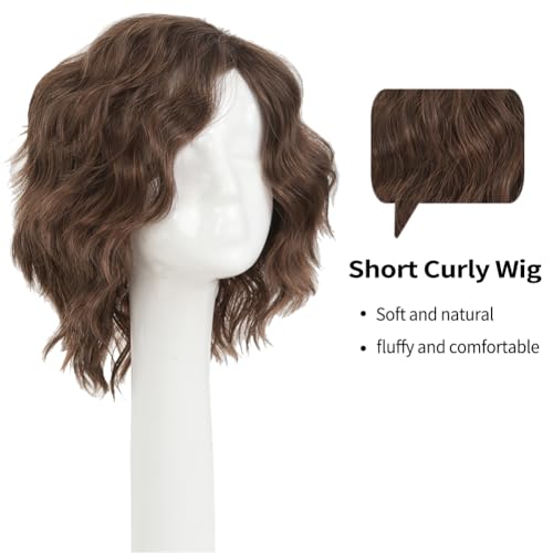 Layered Brown Short Curly Wigs for Men Unisex Cosplay Halloween Anime Wavy Hair - Fluffy & Natural