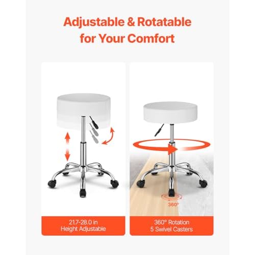 VEVOR Rolling Stool with Wheels, 450 LBS Weight Capacity Round Rolling Stool Chair, Height Adjustable Thickened PU Leather Swivel Stool for Salon, Spa, Massage, Tattoo, Clinic, White