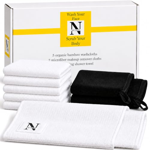 NICOLEA Bamboo Facial Towels & Microfiber Makeup Remover Cloths - Reusable Skincare Set