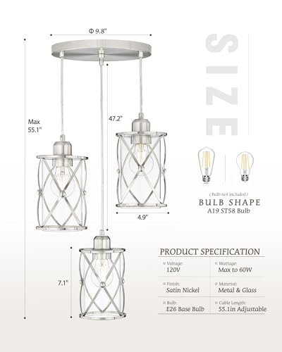 Osimir Brushed Nickel 3-Light Pendant Ceiling Light Fixture with Clear Glass - Adjustable Cable, Modern Kitchen Island Cluster Lighting - Nickel, Clear Glass / 3-Light