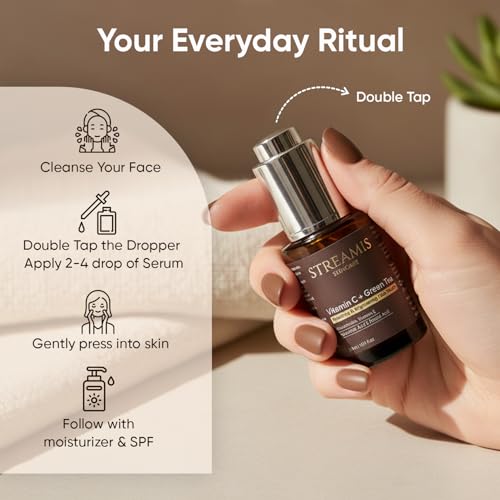 Streamis Skincare: Vitamin C + Green Tea Hydrating & Brightening Face Serum - With Niacinamide, Vitamin E, Hyaluronic Acid, Ferulic Acid & Powerful Botanical Extract Blend, Fragrance Free, 30ml.