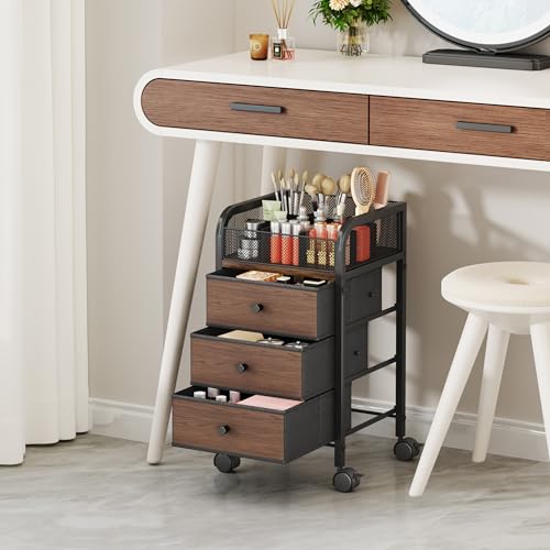 SWTYMIKI Rolling Makeup Organizer Cart - Floor Skincare Make Up Storage with 3 Non-woven Drawers, Vanity Organizer Cosmetic Display Cases Cabinet for Skin Care Perfume Nail Polish Brush Hair Tool