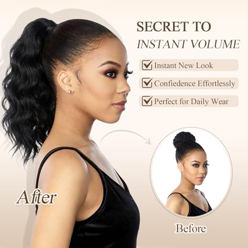 14-Inch Synthetic Ponytail Extension #1B Natural Black with Drawstring & Clips - Trendy Hair Accessory