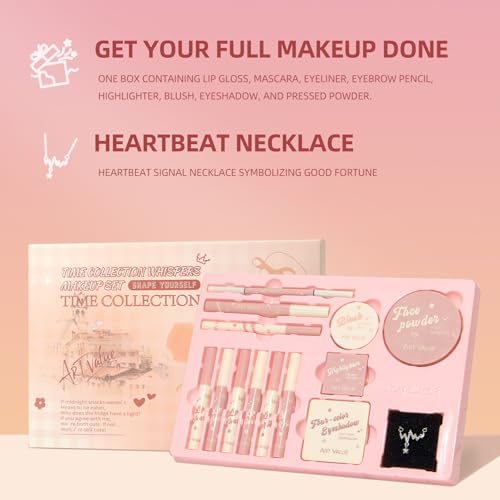 All-in-One Makeup Gift Set for Women & Teens, Complete Cosmetic Kit with Lip Gloss, Lip Balm, Eyeshadow, Blush, Highlighter, Face Powder, Mascara, Eyeliner & Necklace
