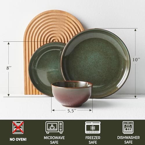 Pokini 12-Piece Stoneware Dinnerware Set for 4 Brown Green Reactive Glaze