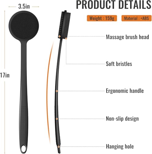 Silicone Back Scrubber with Long Handle - Double-Sided Shower Brush for Exfoliation and Massage - 17 Inch, Black & Gray Variation