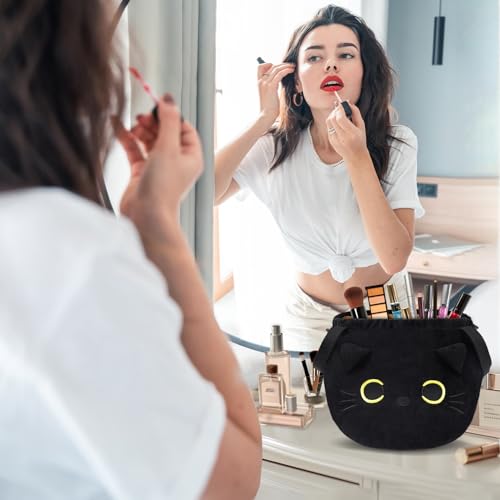 Cat Drawstring Makeup Bag - Large Travel Toiletry Organizer - Black - A-Cat-Black