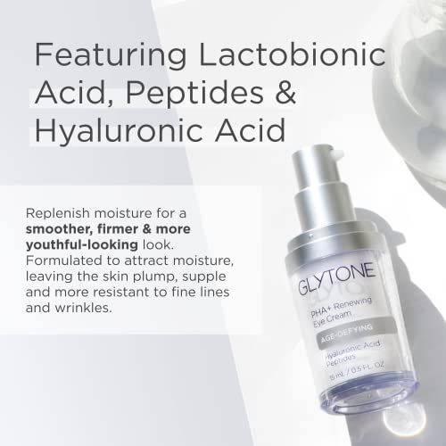Glytone Age-Defying PHA+ Renewing Eye Cream for Wrinkles| Anti aging Under Eye Cream with Hyaluronic Acid Peptides| Targets Puffiness, Bags, Wrinkles & Dark Circles| Brightening Moisturizer| 0.5 Fl oz