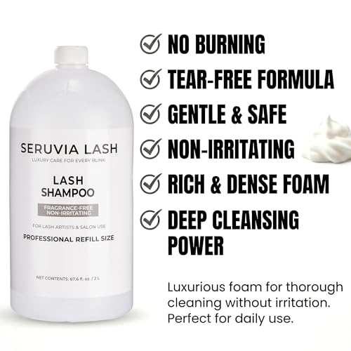 2L Lash Shampoo Bulk Refill Kit, Eyelash Cleanser for Extensions & Safe Makeup Remover, Oil-Free Lash Wash for Sensitive Eyes with 4 Bottles, 12 Brushes & 22 Cards, Salon & Home Use
