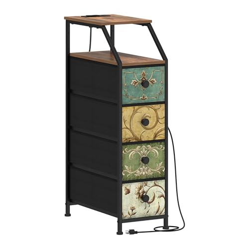 Retro Flower Narrow Vertical Dresser with Charging Station, 4 Drawers - Slim Storage Tower for Bedroom, Bathroom, Small Spaces