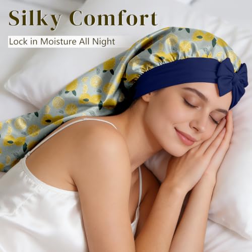 ZIMASILK Blue Lemon Silk Sleep Bonnet for Long Hair - One Size