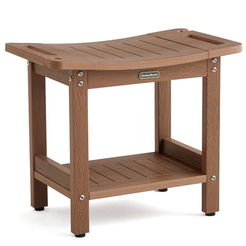 Brown Waterproof Poly Shower Stool with Handles & Adjustable Feet - Heavy Duty Bathroom Bench for Shaving & Seating