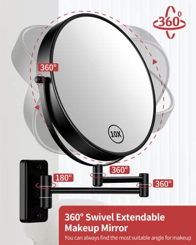 9-Inch Wall Mount Magnifying Mirror Black 1X/10X Double-Sided Swivel Vanity