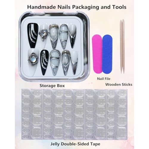 Press on Nails Handmade Nails Luxury Reusable Fake Nails For Girls long Almond Armor Tip Black Silver Diamonds HandPainted Salon Loveful Design Acrylic GelUV Finished 3DNails 10PCS(A70, S)