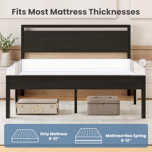 Queen Bed Frame with Wood Headboard - Black, 14 Inch Under-Bed Storage, Heavy-Duty Support - Variation: Black / Queen