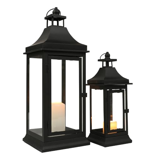 Vintage Outdoor Candle Lantern Set of 2 - Black, 13 and 19.5 Inches Tall