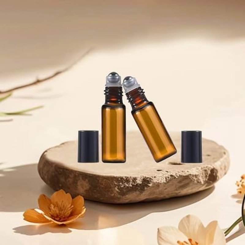 50Pcs Amber Glass Roller Bottles for Essential Oils 5ml Glass Roll on Bottles with Stainless Steel Roller Balls Mini Sample Vials Cosmetics Small Container (Amber, 5ml)