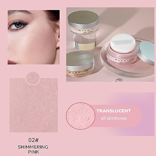 Pink Translucent Setting Powder, Shimmer Setting Powder Waterproof Oil Control Tone-up Face Powder Highlighter Makeup Finishing Long-Lasting Loose Shimmer Powder for All Skin Types