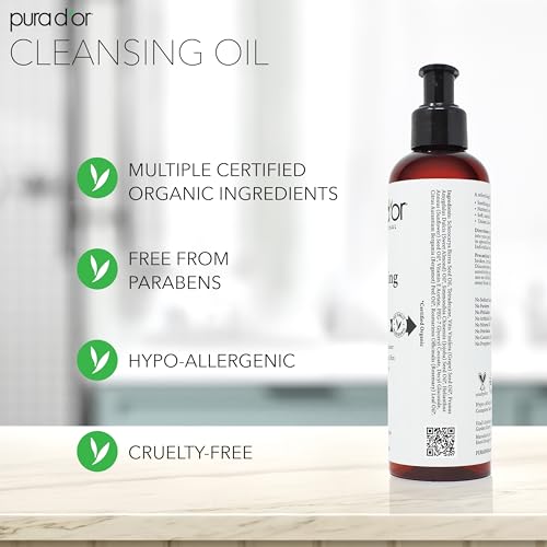 PURA D'OR 8 Oz Facial Cleansing Oil - Nourishing Botanical Blend with & Vitamin, Jojoba and Sunflower Oil - Gentle Makeup Remover & Deep Cleanser For Healthy, Glowing Skin - Paraben-Free Beauty