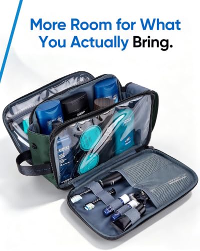Green Medium Travel Toiletry Bag for Men - Full Open Dopp Kit with Dual Compartments