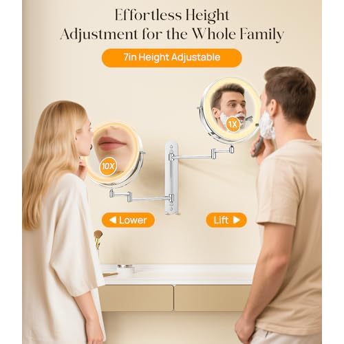 Gospire 9¡± Wall Mounted Lighted Makeup Mirror with Magnification 10X, 7in Height Adjustable Vanity Lighted Mirrors for Bathroom Wall, 360¡Æ Extended Arm Shaving Wall Mirror with Lights - Chrome