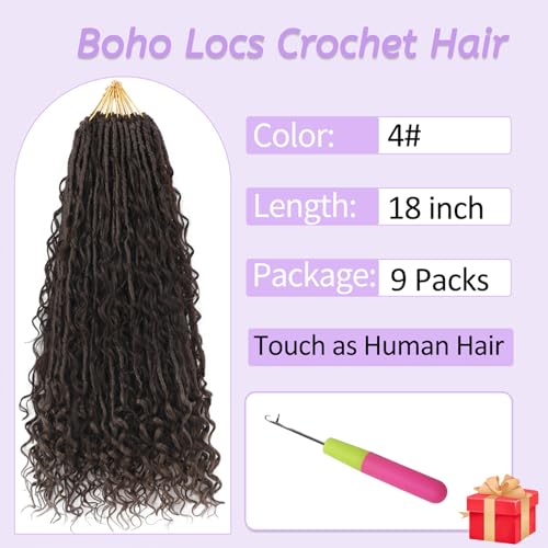 Boho Faux Locs Crochet Hair 18 Inch - 9 Pack Pre-Looped Goddess Locs for Natural Look