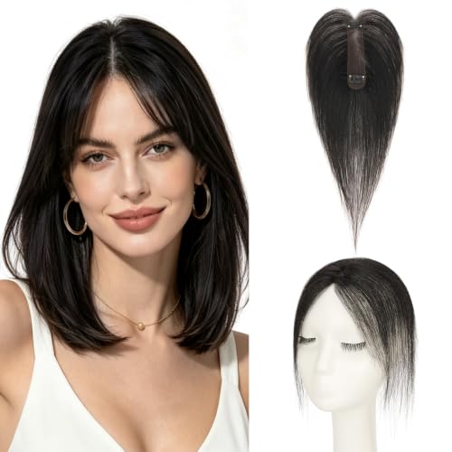 10 Inch Human Hair Toppers with Wisp Side Bangs Clip-in Full Cover Lace Base - Natural Black
