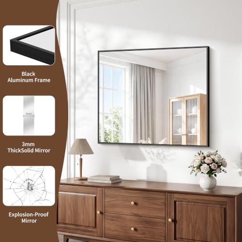 Black Bathroom Mirror 30x36 Inch Rectangle Wall Mirror with Metal Frame - Horizontal or Vertical Hanging