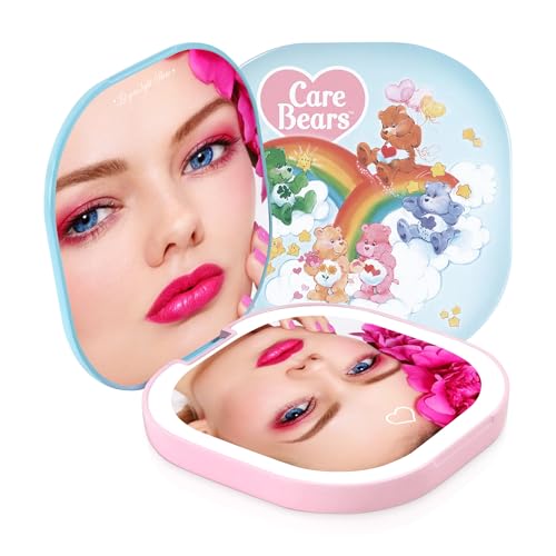 Impressions Vanity Care Bears LED Compact Mirror for Purse, Lighted Travel Makeup Mirror with 3X Magnification, Auto Shut Off Daylight LED Lighting, Adjustable Brightness and Touch Sensor (Blue/Pink)
