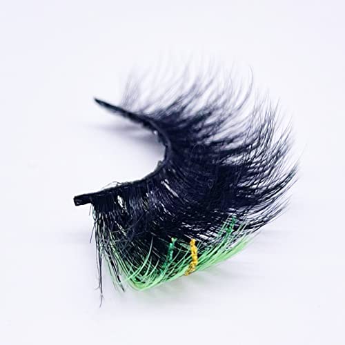 Black False Eyelashes with Green Glitter, 1 Pair Eye Lash Strip Color on the End Highlight, Fairy Black and Green Faux Mink Eyelash for Rave Party