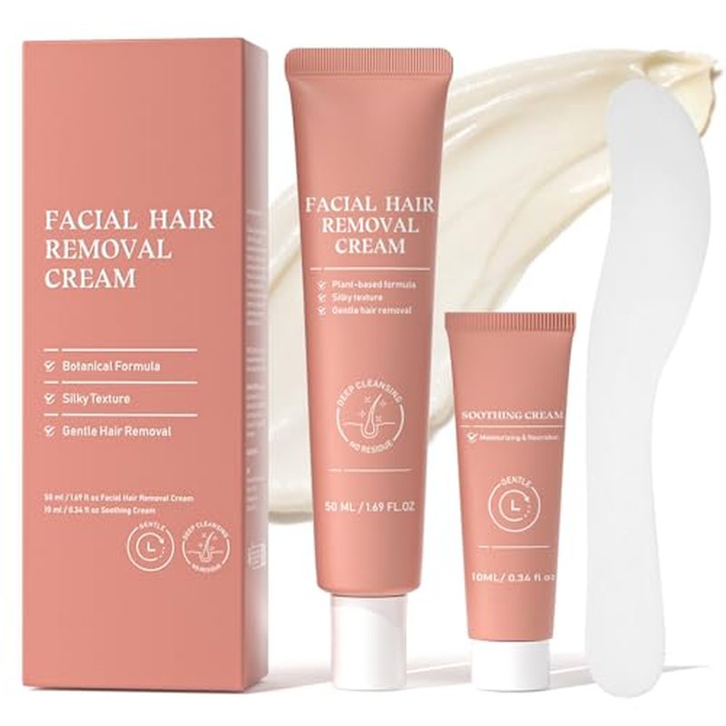 Facial Hair Removal Cream for Women, 2-in-1 Gentle Face Hair Removal Cream with Soothing Cream, Depilatory Creams for Sensitive Skin, Face Chin Upper Lip Hair Remover for Smooth Soft Skin, 2.03 Fl Oz