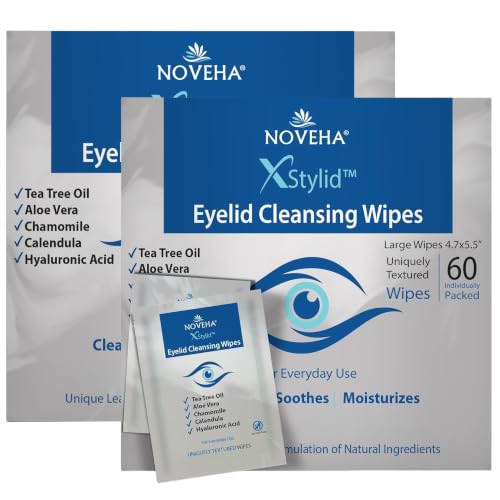 NOVEHA 60Pcs Hypoallergenic Eyelid & Lash Cleansing Wipes – Tea Tree, Aloe & Hyaluronic Acid – Pack of 2