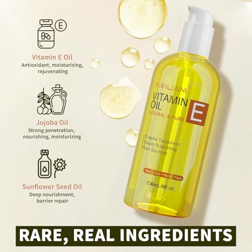 MAYJAM Organic Vitamin E Oil 50,000 IU for Skin, Pure & Natural Vitamine oils for Scars Hair, Face, Nail, Scalp Bath and Body Oil, Tocopherol to Repair Damaged Skin, Moisturizing Dry Skin, 8 Fl Oz