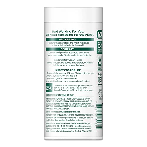 Seventh Generation Zero Plastic Hand Wash Powder Lathering Cleanser Mandarin Orange and Grapefruit Foaming 5 oz