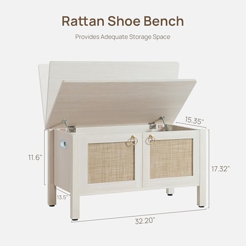White Cream Oak Rattan Storage Bench with Safety Hinges - Boho Chest