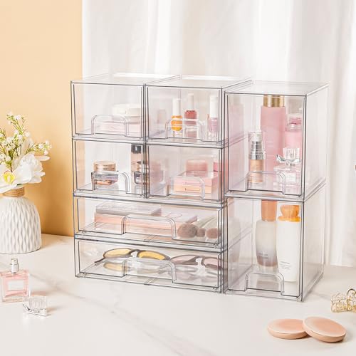 Stackable Storage Drawers Set of 8 - Clear Plastic Organizer Bins with Handles & Non-Slip Feet - Includes 4 Small, 2 High, 2 Wide