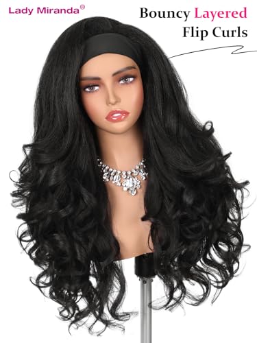 Lady Miranda Yaki Curly Headband Wig - Black Layered Flip Curls 26 Inches