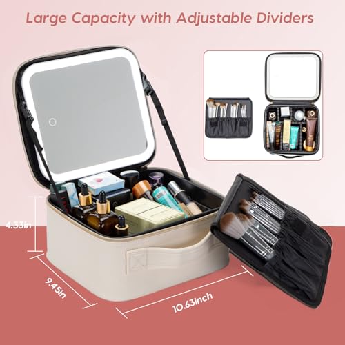 Travel Makeup Bag with LED Mirror ? Waterproof Cosmetic Train Case with Adjustable Dividers, Portable Makeup Organizer and Toiletry Bag for Women, Pink Teens & Girls Gift